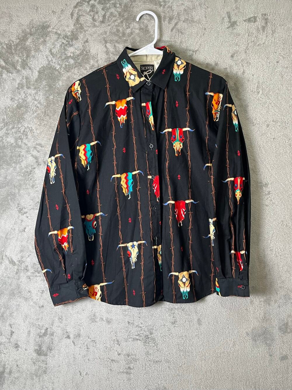 Vintage Roper Western Button Up Shirt Black Steer Skull Barbed Wire Cowboy Rodeo